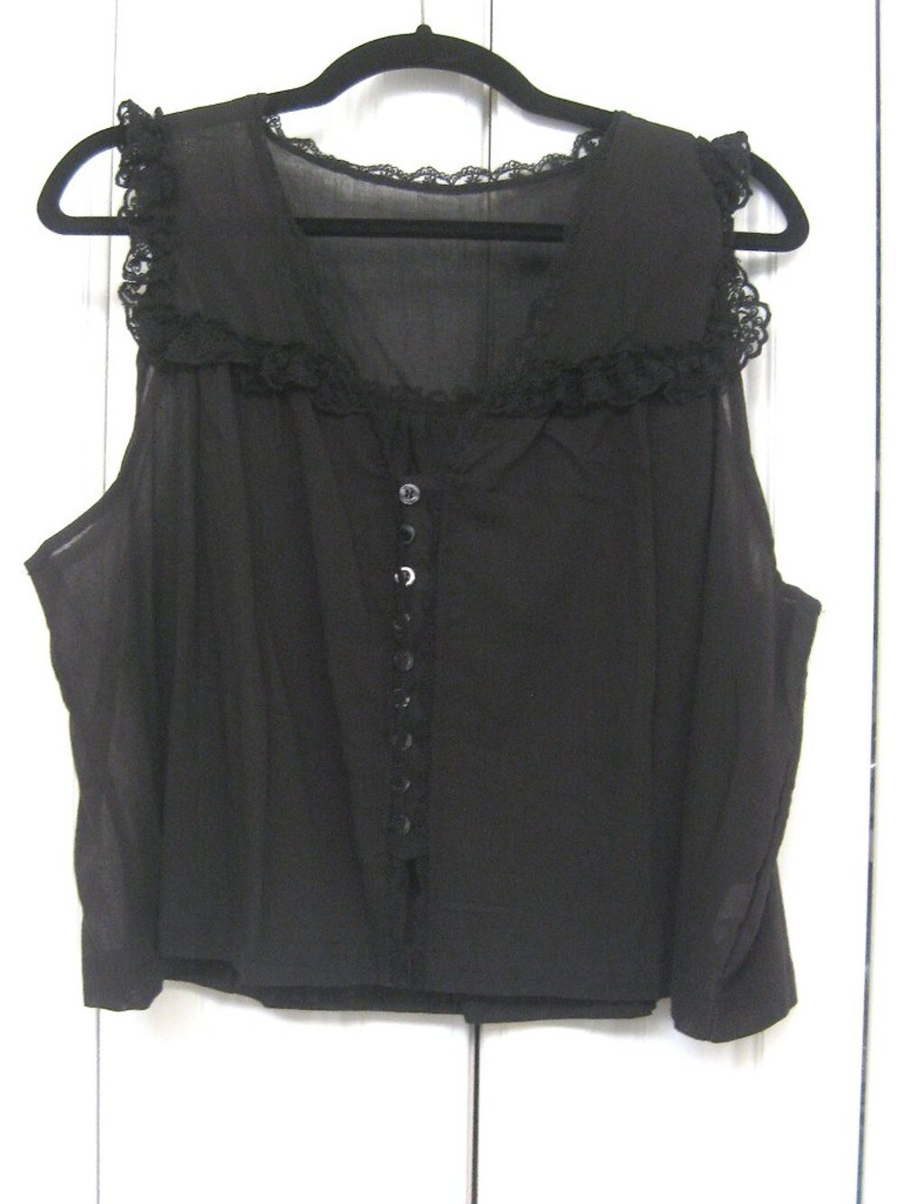 Black Sheer Blouse  Crop  Buttons, Ruffle  - XL